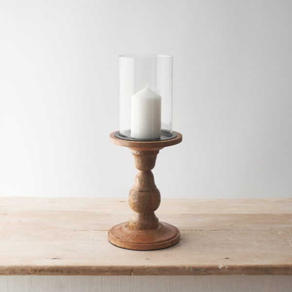 A Glass & wood Pillar Candle Holder at The Wooden Gem.